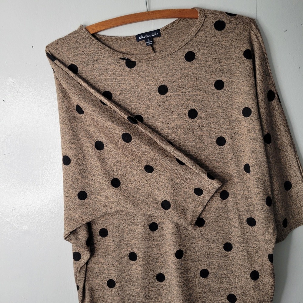 Olivia Blu Polka Dot Knit Top Oversized Women's Sz S‎ Beige Black Dolman Sleeve - Picture 6 of 13